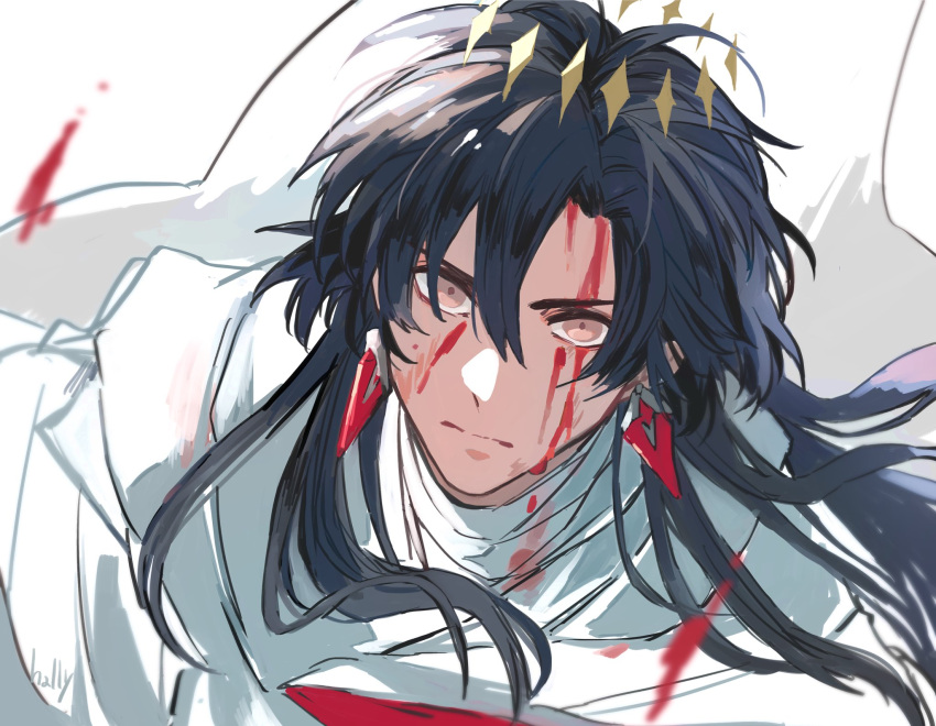 1boy alternate_hairstyle armor bangs black_hair blood blood_on_face cape closed_mouth commentary_request constantine_xi_(fate) crown earrings expressionless face fate/grand_order fate_(series) grey_eyes hair_between_eyes hally highres jewelry long_hair looking_at_viewer male_focus official_alternate_costume serious signature simple_background solo white_background white_cape