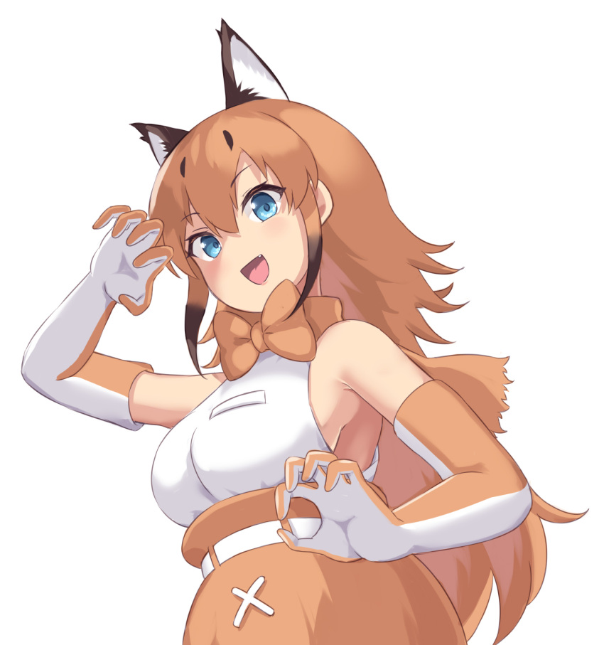 1girl animal_costume animal_ears blue_eyes bow bowtie caracal_(kemono_friends) caracal_ears elbow_gloves gloves highres kemono_friends kemono_friends_v_project long_hair looking_at_viewer microphone open_mouth orange_hair sawara_noa shirt skirt sleeveless sleeveless_shirt smile solo virtual_youtuber white_shirt