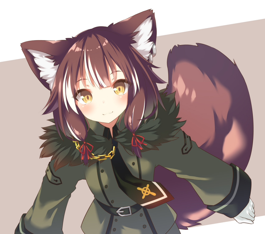 1girl :3 animal_ear_fluff animal_ears bangs belt belt_buckle black_belt black_necktie blush brown_background brown_eyes brown_hair buckle chain closed_mouth commission copyright_request daidai_ookami eyebrows_visible_through_hair fur-trimmed_jacket fur_trim gloves green_jacket hair_ribbon jacket long_hair long_sleeves multicolored_hair necktie red_ribbon ribbon skeb_commission sleeves_past_wrists smile solo streaked_hair tail two-tone_background white_background white_gloves white_hair