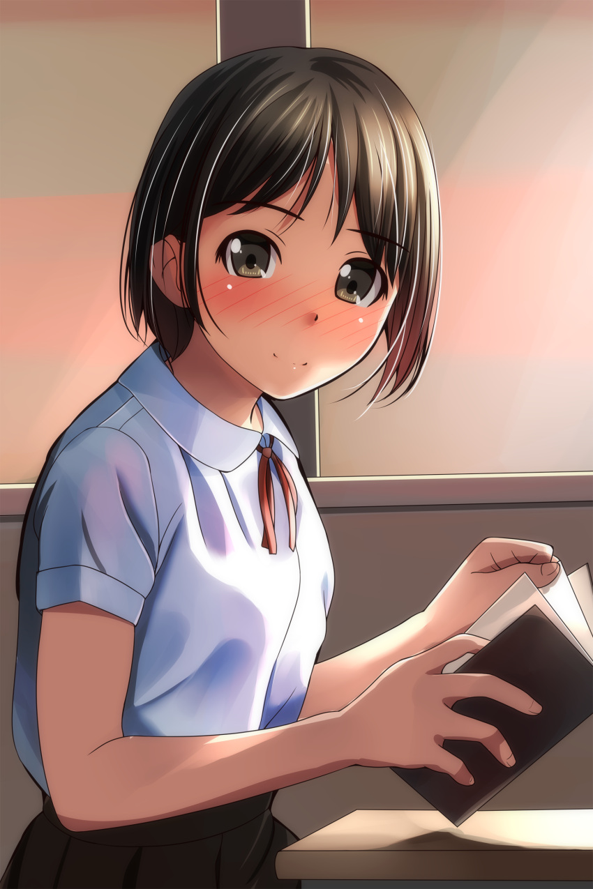 1girl absurdres bangs black_hair black_skirt blush book breasts brown_eyes closed_mouth collared_shirt desk dress_shirt eyebrows_visible_through_hair highres holding holding_book indoors looking_at_viewer looking_to_the_side matsunaga_kouyou neck_ribbon nose_blush open_book original pleated_skirt red_ribbon ribbon school_desk school_uniform shirt short_hair skirt small_breasts smile solo upper_body white_shirt window