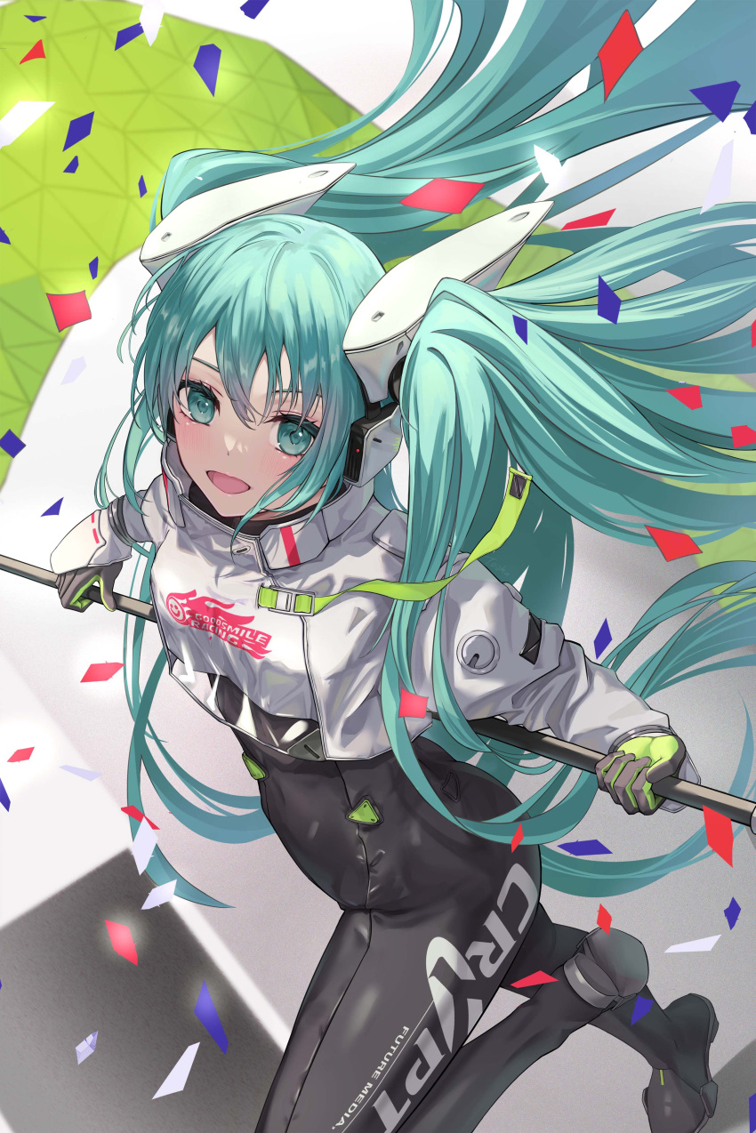 1girl :d absurdres asymmetrical_bodysuit bangs black_bodysuit bodysuit breasts commentary confetti covered_navel eyebrows_behind_hair flag goodsmile_racing green_eyes green_hair hair_between_eyes hatsune_miku headgear highres holding holding_flag jacket long_hair looking_at_viewer racing_miku racing_miku_(2022) revision shoe_soles small_breasts smile solo tooku0 twintails very_long_hair vocaloid white_jacket