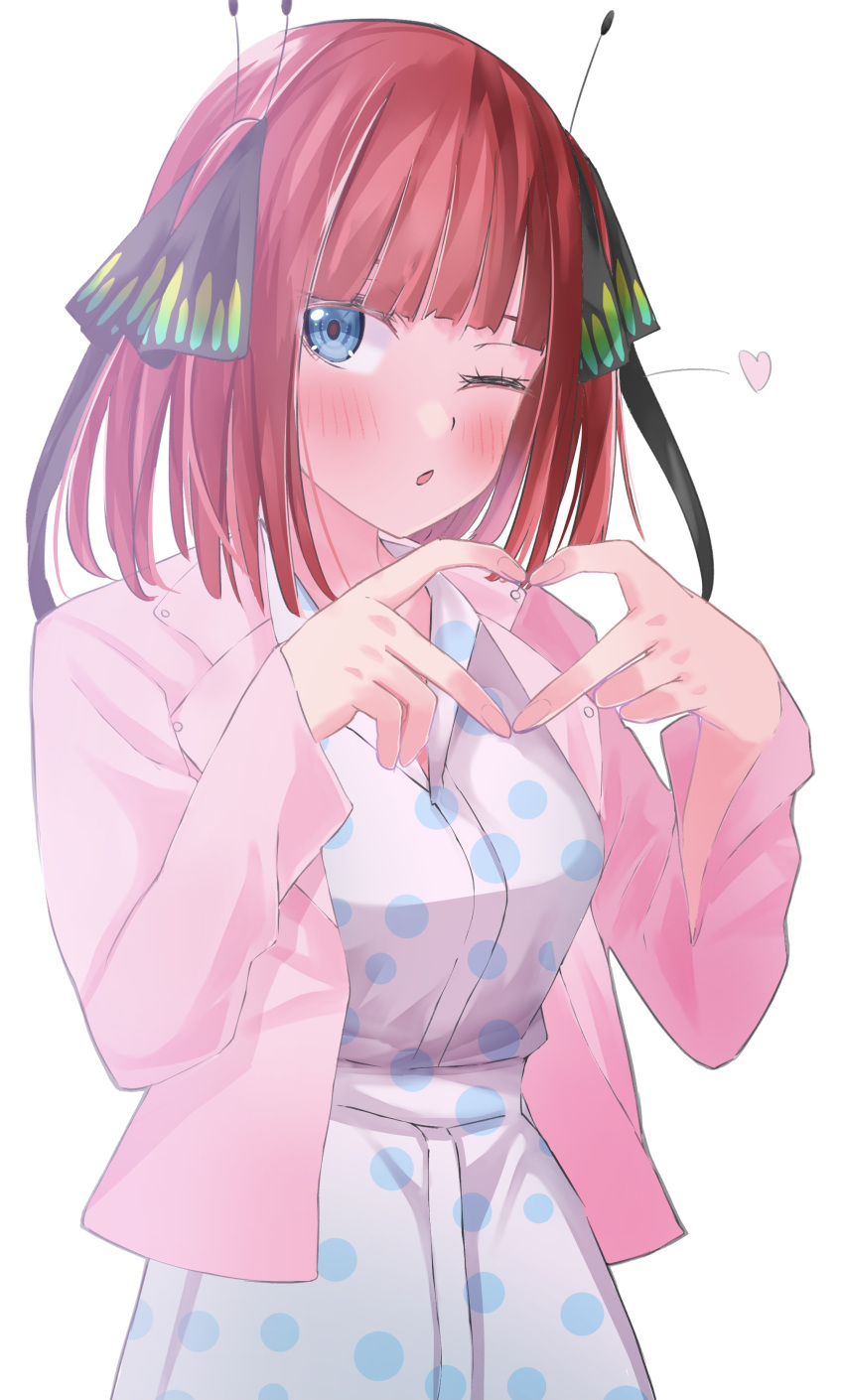 1girl absurdres bangs black_ribbon blue_eyes blunt_bangs blush breasts butterfly_hair_ornament dress eyebrows_behind_hair go-toubun_no_hanayome hair_ornament head_tilt heart heart_hands highres jacket large_breasts looking_at_viewer miokaequal nakano_nino one_eye_closed pink_hair pink_jacket puckered_lips ribbon simple_background twintails white_background white_dress