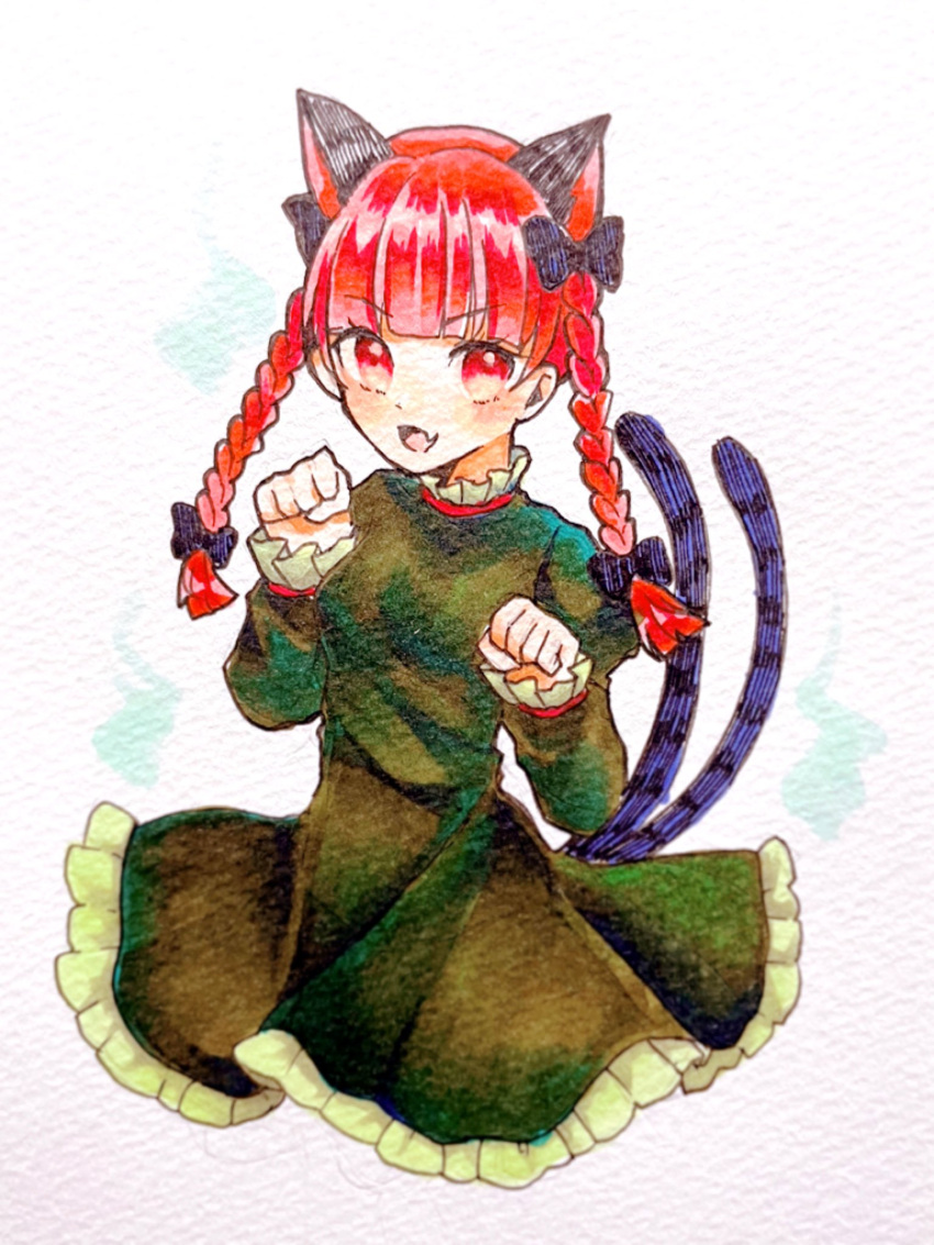 1girl animal_ears blush bow braid cat_ears cat_tail cropped_legs dress fang green_dress highres kaenbyou_rin long_sleeves looking_at_viewer multiple_tails nekomata okometabetan open_mouth paw_pose red_eyes redhead skin_fang solo tail touhou traditional_media twin_braids