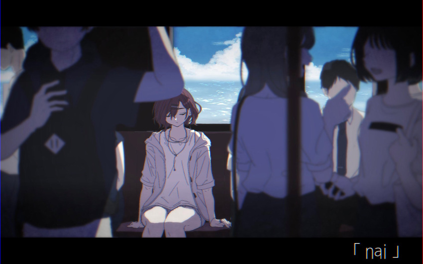 arm_support blue_sky blurry blurry_foreground closed_eyes clouds extra faceless faceless_female faceless_male highres idolmaster idolmaster_shiny_colors letterboxed netami red_eyes shirt shorts sky solo_focus torn_clothes torn_shorts train_interior white_shirt