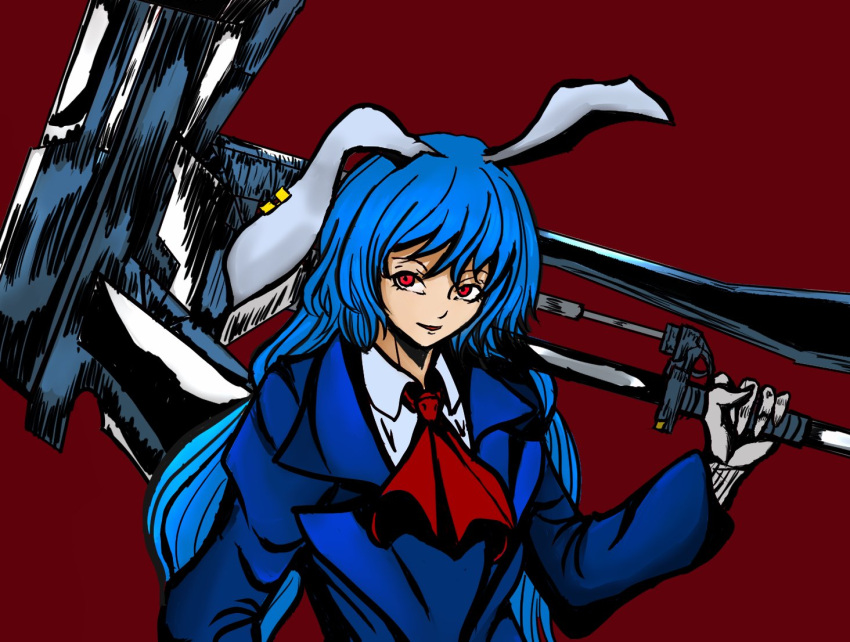 1girl animal_ears ascot blue_hair blue_suit collared_shirt earclip expressionless floppy_ears formal gloves hair_between_eyes holding holding_weapon long_hair looking_at_viewer mallet open_mouth over_shoulder rabbit_ears red_ascot red_background red_eyes seiran_(touhou) shirt simple_background solo suit suit_jacket touhou upper_body weapon weapon_over_shoulder weedhollow_(dokuran)