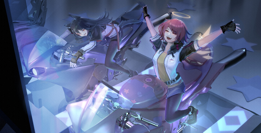 2girls ;d animal_ears arcade_cabinet arknights arms_up belt black_footwear black_gloves black_hair black_legwear black_shorts brown_gloves brown_shirt cheering detached_wings exusiai_(arknights) eyebrows_visible_through_hair fingerless_gloves full_body gloves glowing hair_over_one_eye halo highres indoors jacket legwear_under_shorts long_hair long_sleeves looking_to_the_side lying multiple_girls on_stomach one_eye_closed open_clothes open_jacket open_mouth orange_eyes pantyhose red_eyes redhead shirt short_hair short_sleeves shorts sitting smile star_(symbol) tail texas_(arknights) white_jacket wings wolf_ears wolf_girl wolf_tail xilin