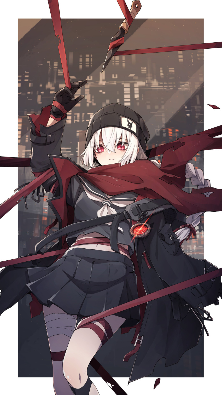 1girl absurdres bandaged_leg bandages beanie black_gloves black_skirt bound braid counter:side gloves hat highres if_f long_hair navel orca_(counter:side) red_eyes school_uniform skirt solo tied_up_(nonsexual) white_hair