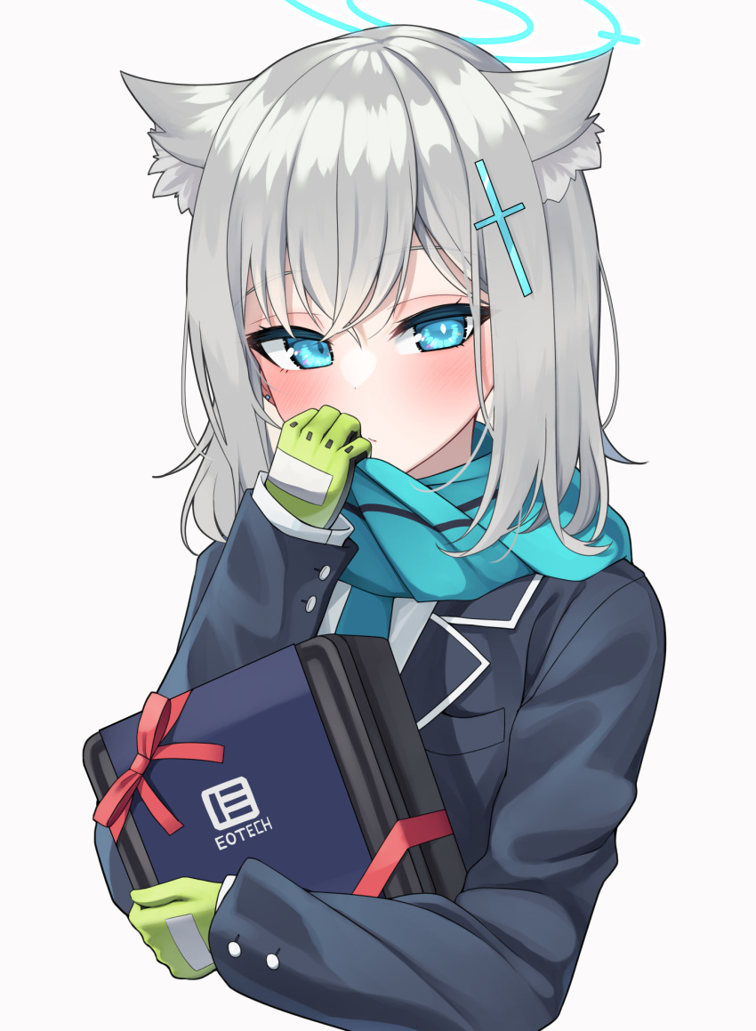 1girl animal_ears bangs blue_archive blue_eyes blue_jacket blue_necktie blue_scarf blush cat_ears gloves green_gloves grey_hair hair_ornament hairpin halo highres holding jacket long_sleeves looking_at_viewer medium_hair menbou_(menbow3v) necktie scarf shiroko_(blue_archive) simple_background solo white_background