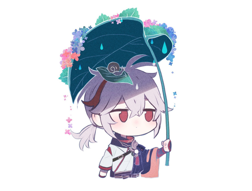 1boy antenna_hair armor bangs chibi closed_mouth cropped_torso fingerless_gloves flower genshin_impact gloves grey_hair hair_between_eyes holding japanese_armor japanese_clothes kaedehara_kazuha leaf leaf_on_head leaf_umbrella male_focus multicolored_hair ponytail red_eyes ryu_genshin77 simple_background snail solo streaked_hair symbol-only_commentary upper_body water_drop white_background
