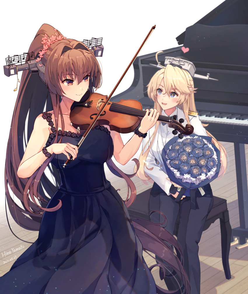 2girls ahoge alternate_costume alternate_headgear artist_name black_bow black_bowtie black_dress blonde_hair blue_eyes bouquet bow bow_(music) bowtie breasts brown_eyes brown_hair dated dress dress_shirt eyebrows_visible_through_hair grand_piano hair_between_eyes hair_intakes headgear heart highres himeyamato holding holding_bouquet instrument iowa_(kancolle) kantai_collection large_breasts long_hair long_sleeves multiple_girls music musical_note pants piano piano_bench playing_instrument revision shirt sitting sitting_on_bench smile star-shaped_pupils star_(symbol) symbol-shaped_pupils very_long_hair violin wooden_floor yamato_(kancolle)