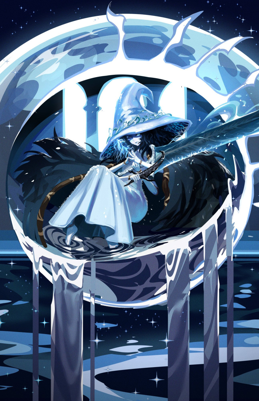 1girl black_knife_(elden_ring) blue_eyes blue_hair blue_skin cape cloak colored_skin cracked_skin doll_joints dress elden_ring extra_arms extra_faces fur_cape fur_cloak hat highres ishu_tani joints knife long_hair looking_at_viewer moon moonlight_greatsword one_eye_closed ranni_the_witch robe solo sword water weapon white_dress white_headwear witch witch_hat