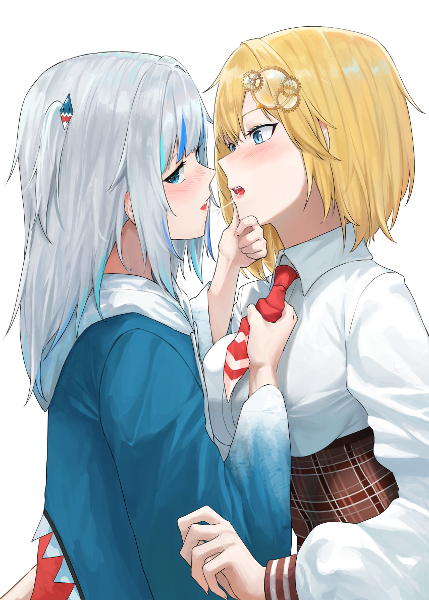 2girls abi_(user_nzav7333) absurdres after_kiss animal_hood bangs blonde_hair blue_eyes blue_hair blue_hoodie blunt_bangs blush collared_shirt face-to-face gawr_gura grey_hair hair_ornament hand_on_another's_chin highres hololive hololive_english hood hoodie long_hair long_sleeves looking_at_another looking_at_viewer looking_back multicolored_hair multiple_girls necktie necktie_grab neckwear_grab open_mouth red_necktie saliva saliva_trail shark_hair_ornament shark_hood shirt short_hair streaked_hair two_side_up upper_body virtual_youtuber watson_amelia white_background white_shirt yuri