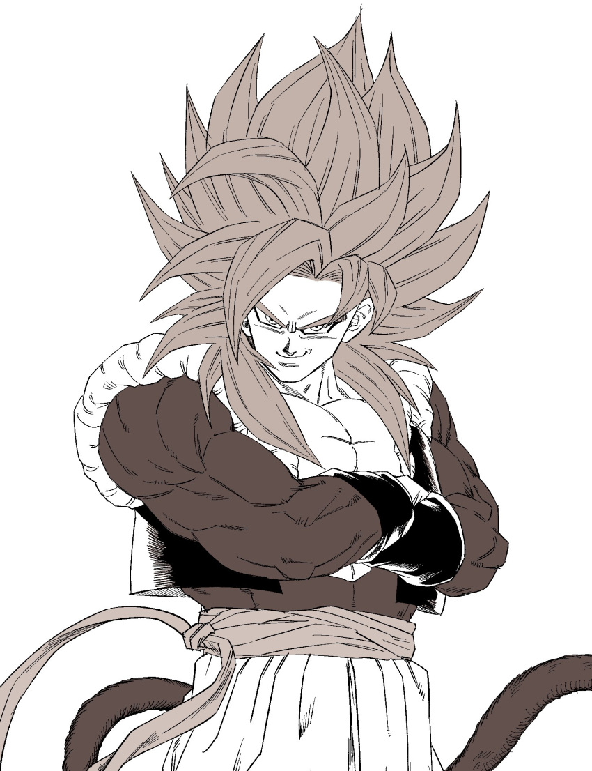 1boy biceps body_fur come_at_me_bro dragon_ball dragon_ball_gt gogeta highres homelanderrr male_focus metamoran_vest monkey_boy monkey_tail monochrome muscular muscular_male obi sash smirk solo spiky_hair super_saiyan super_saiyan_4 tail