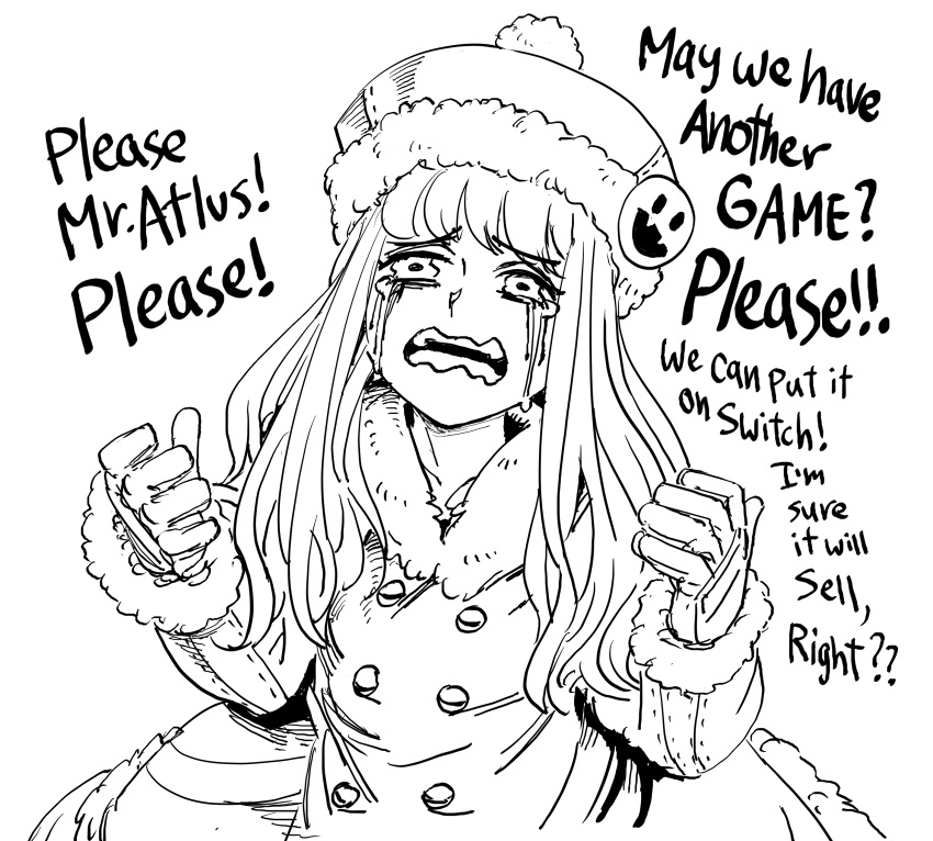 1girl absurdres atlus bb_(baalbuddy) begging buttons coat crying crying_with_eyes_open double-breasted english_commentary fur_trim greyscale gunner_(sekaiju) gunner_2_(sekaiju) hat highres long_hair monochrome open_mouth simple_background solo tears upper_body wavy_eyes wavy_mouth white_background
