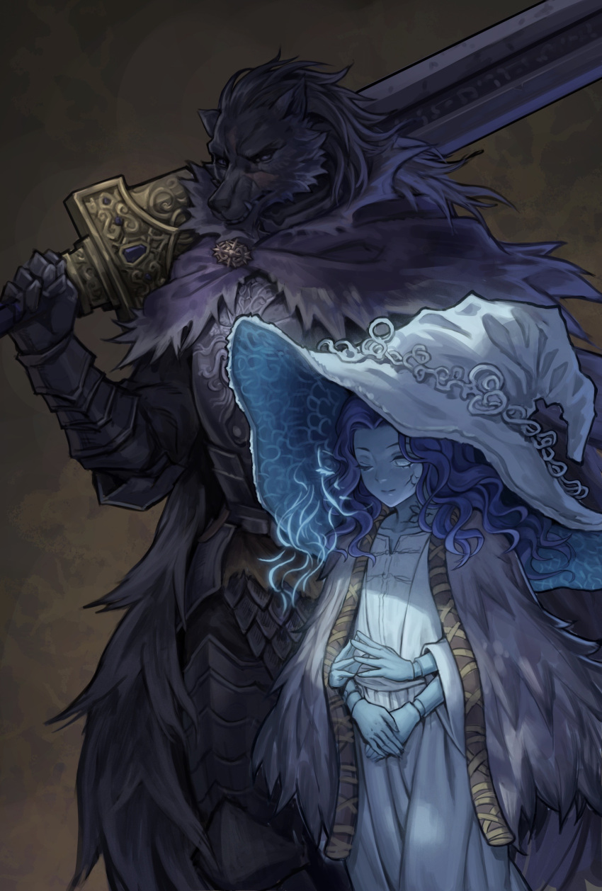 1boy 1girl absurdres animal_head armor blaidd_the_half-wolf blue_eyes blue_hair blue_skin cape cloak closed_mouth colored_skin cracked_skin doll_joints dress elden_ring extra_arms extra_faces fur_cape fur_cloak furry furry_male gauntlets greatsword hat highres holding holding_weapon huge_weapon joints long_hair looking_at_viewer male_focus musuanmao one_eye_closed plate_armor ranni_the_witch sword weapon white_dress witch witch_hat wolf_boy