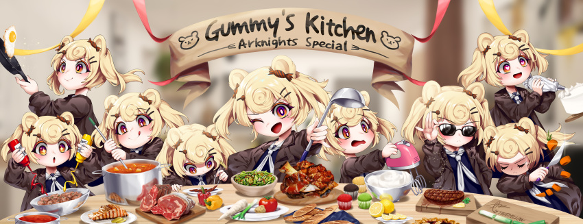 6+girls :&lt; :d :q absurdres arknights beef bell_pepper blonde_hair blurry blurry_background bowl bread brown_shirt cake carrot character_name closed_eyes closed_mouth commentary cooking cupcake curly_hair cutting cutting_board eyebrows_visible_through_hair fish food fried_egg fruit frying_pan ginger_root gummy_(arknights) hair_ornament hairclip hand_up heart heart-shaped_pupils highres holding indoors ketchup ketchup_bottle knife ladle lemon lemon_slice long_sleeves looking_at_viewer meat meme multicolored_eyes multiple_girls multiple_persona mustard mustard_bottle neckerchief one_eye_closed open_mouth pastry pepper plate pot red_eyes red_pepper salad salt_bae_(meme) shirt short_twintails sign smile solo_focus split_mouth spring_onion steak stew stirring symbol-shaped_pupils teddyellow tomato tongs tongue tongue_out twintails upper_body v-shaped_eyebrows whipped_cream whisk white_neckerchief yellow_eyes yellow_pepper
