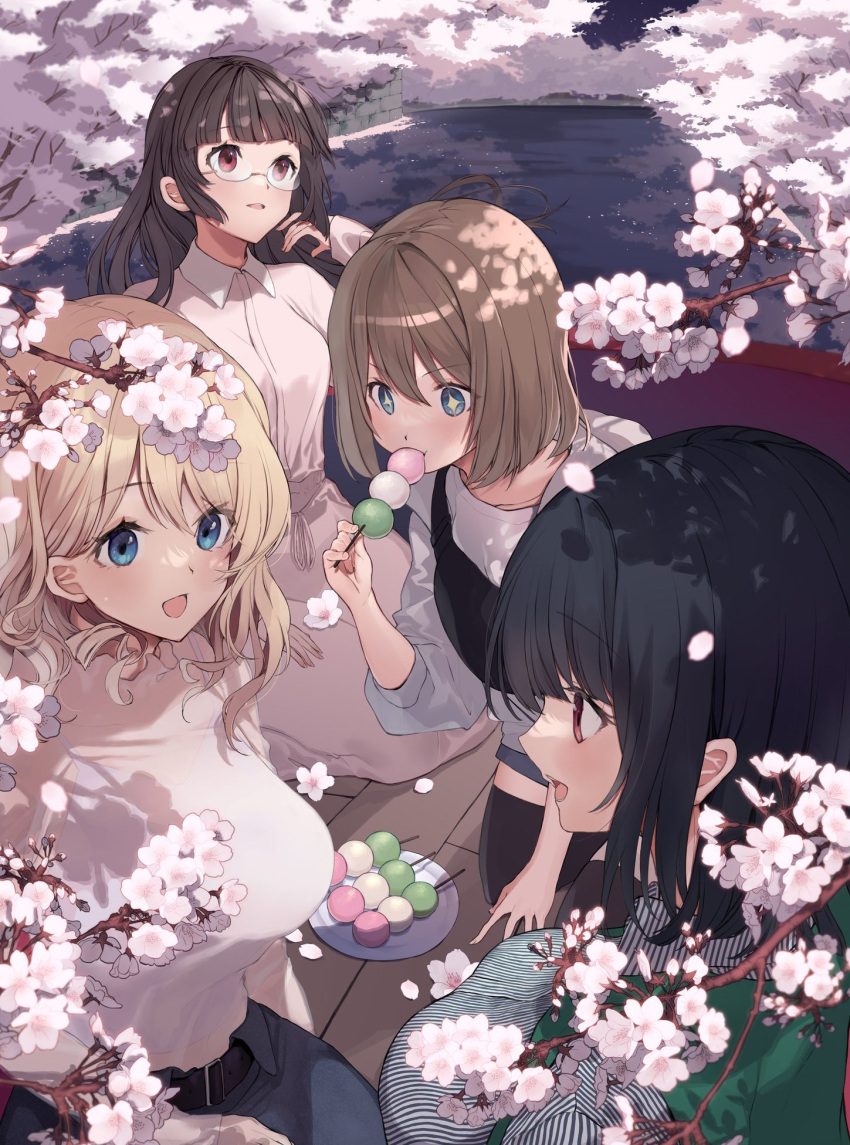 +_+ 4girls alternate_costume atago_(kancolle) bangs black_hair blonde_hair blue_eyes breasts brown_hair bud choukai_(kancolle) dango dress eating eyebrows_visible_through_hair food glasses hand_in_own_hair highres kantai_collection large_breasts long_hair maya_(kancolle) multiple_girls night outdoors parted_lips petals picoli1313 pink_dress plate red_eyes sanshoku_dango shirt short_hair sitting takao_(kancolle) wagashi water