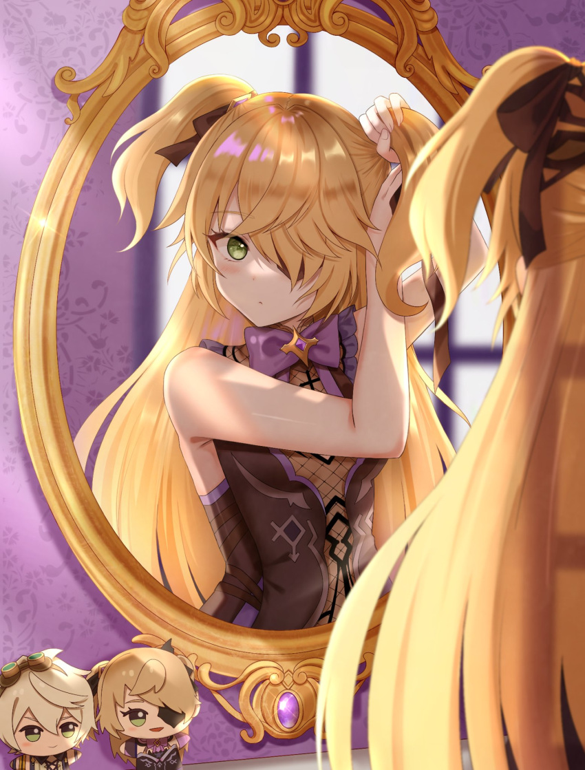 1girl bangs bare_arms bare_shoulders blonde_hair blush bow closed_mouth commentary_request eyepatch fingernails fischl_(genshin_impact) genshin_impact green_eyes hair_bow hands_up highres holding indoors long_hair mirror_image mirrow nasii out_of_frame shiny shiny_hair short_twintails simple_background sleeveless solo stuffed_toy twintails upper_body