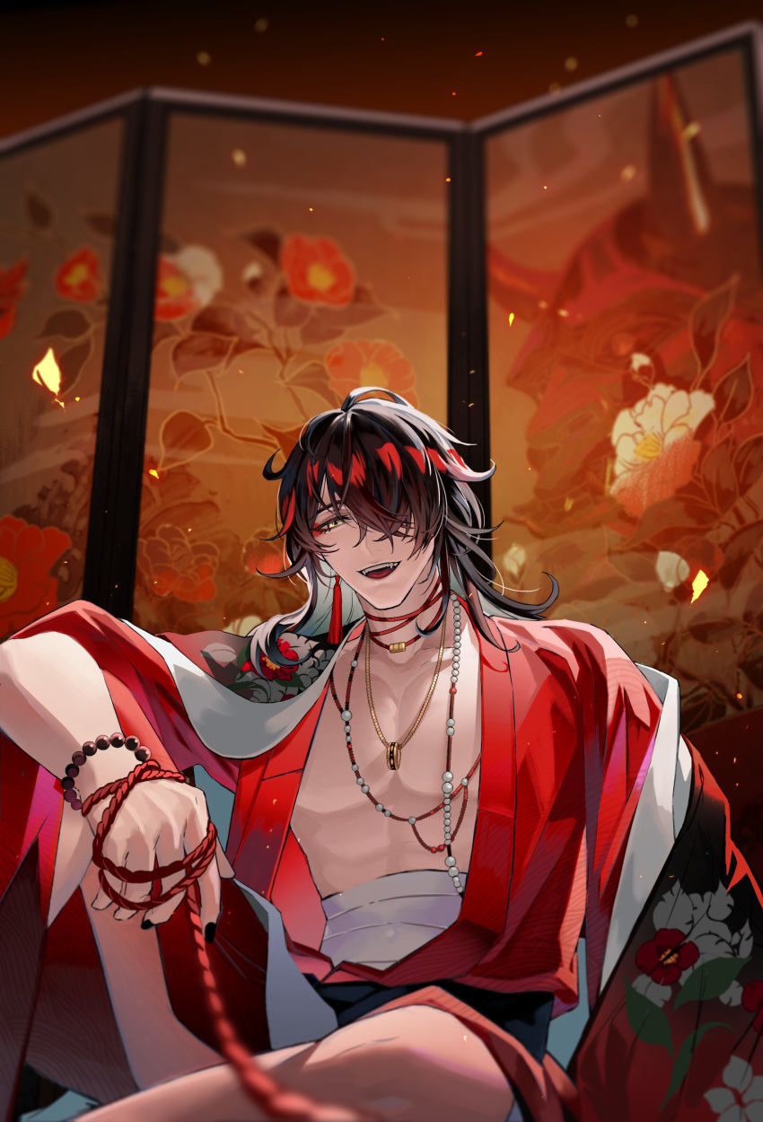 1boy absurdres bandages bangs black_hair bracelet chenirin2 earrings eyeshadow floral_print highres indoors japanese_clothes jewelry looking_at_viewer makeup male_focus multicolored_hair necklace red_eyeshadow redhead shirt sitting smile sparkle streaked_hair virtual_youtuber vox_akuma wire yellow_eyes