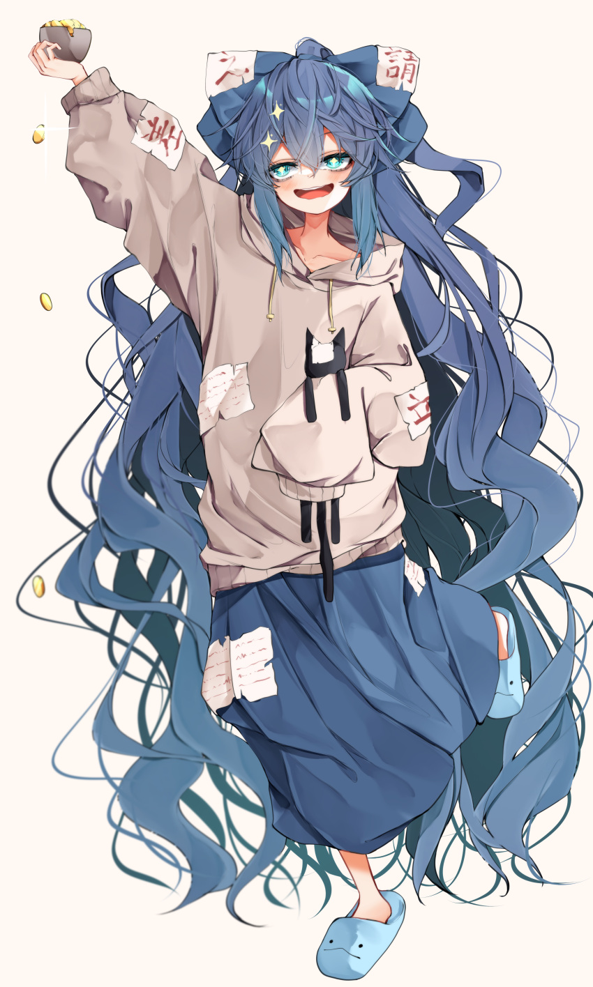 1girl absurdres arm_up barefoot blue_bow blue_eyes blue_hair blue_skirt blush bow eyebrows_visible_through_hair full_body grey_hoodie hair_between_eyes hair_bow highres hood hoodie long_hair open_mouth skirt sleeves_past_fingers sleeves_past_wrists slippers smile solo touhou tsune_(tune) very_long_hair yorigami_shion