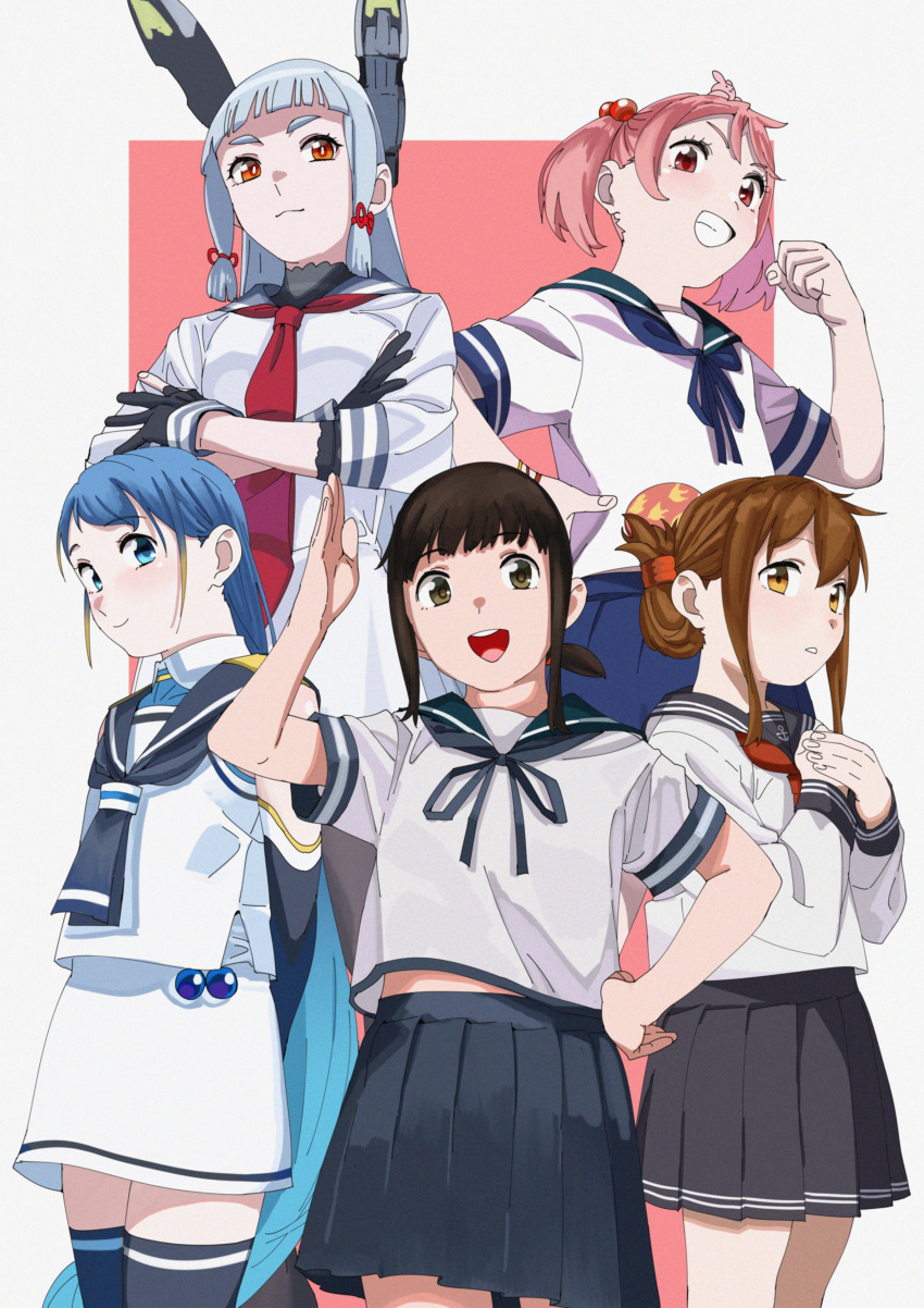 5girls absurdres black_eyes black_hair black_legwear black_neckerchief black_sailor_collar black_skirt blue_eyes blue_hair blue_sailor_collar blue_skirt brown_eyes brown_hair crossed_arms dress elbow_gloves folded_ponytail fubuki_(kancolle) gloves grin hair_bobbles hair_ornament hair_ribbon hand_on_hip highres inazuma_(kancolle) kantai_collection long_hair looking_at_viewer low_ponytail midriff_peek multiple_girls murakumo_(kancolle) neckerchief necktie ojipon open_mouth orange_eyes pink_eyes pink_hair pleated_skirt ponytail red_neckerchief red_necktie ribbon sailor_collar sailor_dress sailor_shirt samidare_(kancolle) sazanami_(kancolle) school_uniform serafuku shirt short_eyebrows short_hair short_ponytail short_sleeves sidelocks skirt sleeveless sleeveless_shirt smile teeth thigh-highs tress_ribbon twintails white_dress white_hair white_serafuku