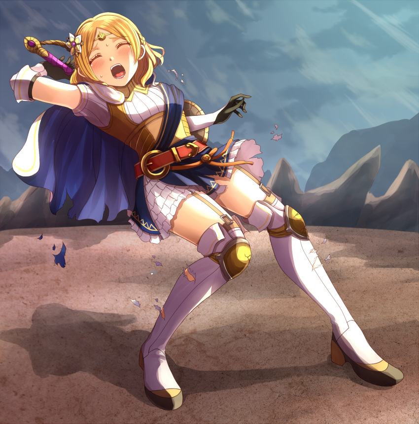 1girl battle blonde_hair boots braid cape circlet closed_eyes damaged fire_emblem fire_emblem_warriors flower frilled_skirt frills garter_straps hair_flower hair_ornament highres lianna_(fire_emblem) open_mouth pain princess sash shield short_hair skirt sunflower_hair_ornament sword thigh-highs thigh_boots thighs tiara weapon yozu_(yozu0420)