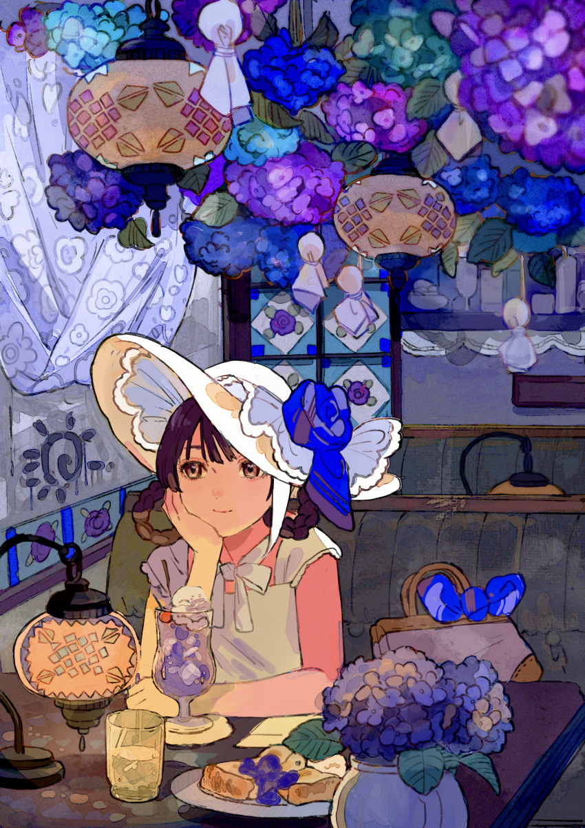 1girl absurdres bag blue_flower blue_ribbon blue_rose braid brown_eyes brown_hair closed_mouth commentary couch cup dress drinking_glass flower food hair_rings hand_up hat hat_flower highres hydrangea indoors lamp looking_away on_couch original plate purple_flower qooo003 ribbon rose sitting smile solo sun_hat table twin_braids upper_body vase white_dress white_headwear