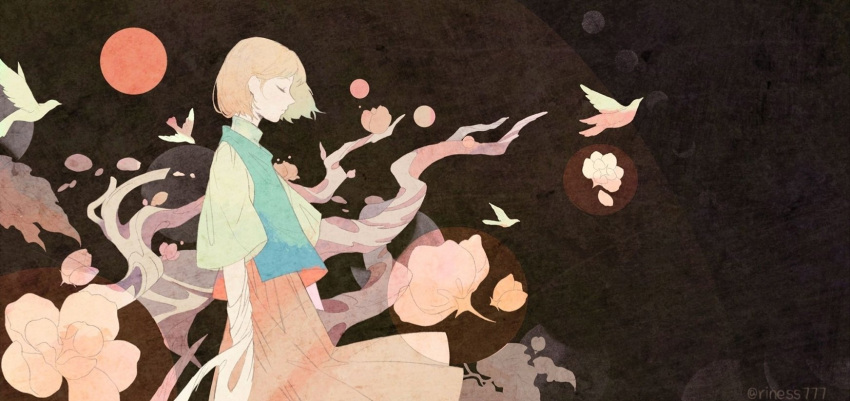 1girl alternate_color bird blonde_hair branch cirrika closed_eyes closed_mouth crescent_moon dress flower flying_sweatdrops full_moon highres moon moon_phases original petals short_hair turtleneck twitter_username