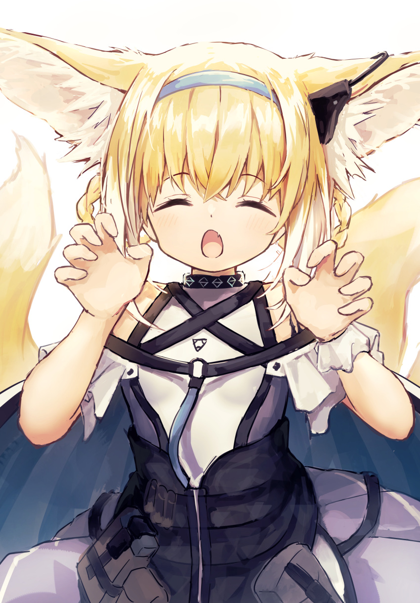 1girl ^_^ absurdres animal_ear_fluff animal_ears arknights bangs bare_shoulders blonde_hair blue_hairband blush braid claw_pose closed_eyes eyebrows_visible_through_hair facing_viewer fang fox_ears fox_girl fox_tail hair_between_eyes hair_rings hairband hands_up highres infection_monitor_(arknights) matsushika multicolored_hair open_mouth oripathy_lesion_(arknights) pleated_skirt purple_skirt shirt simple_background skirt solo suzuran_(arknights) tail twin_braids two-tone_hair white_background white_hair white_shirt