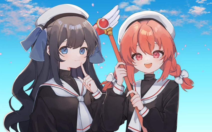 2girls bangs beret black_hair blue_eyes braid closed_mouth clouds cosplay hair_ribbon hat hibiki_duca index_finger_raised kinomoto_sakura kinomoto_sakura_(cosplay) long_hair looking_at_viewer medium_hair miyu_aaki multiple_girls nijigen_project open_mouth pink_eyes pink_hair ribbon sailor_collar school_uniform sky staff virtual_youtuber