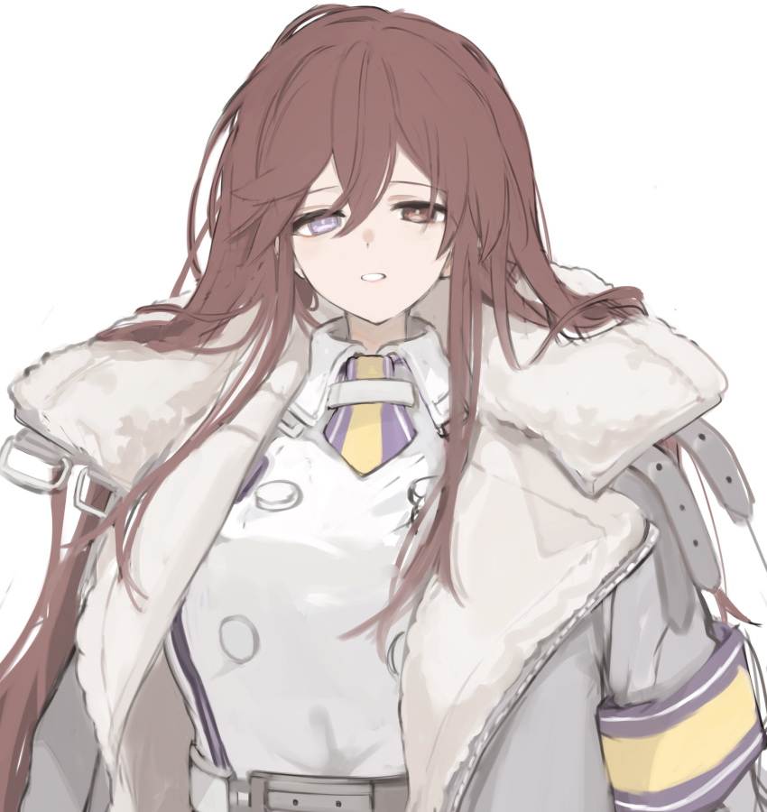 1girl armband bangs breasts brown_hair coat dress eyebrows_visible_through_hair fuyono_neru grey_coat hair_between_eyes heterochromia highres large_breasts last_origin long_hair looking_at_viewer open_clothes open_coat parted_lips simple_background solo upper_body valkyrie_(last_origin) white_background white_dress