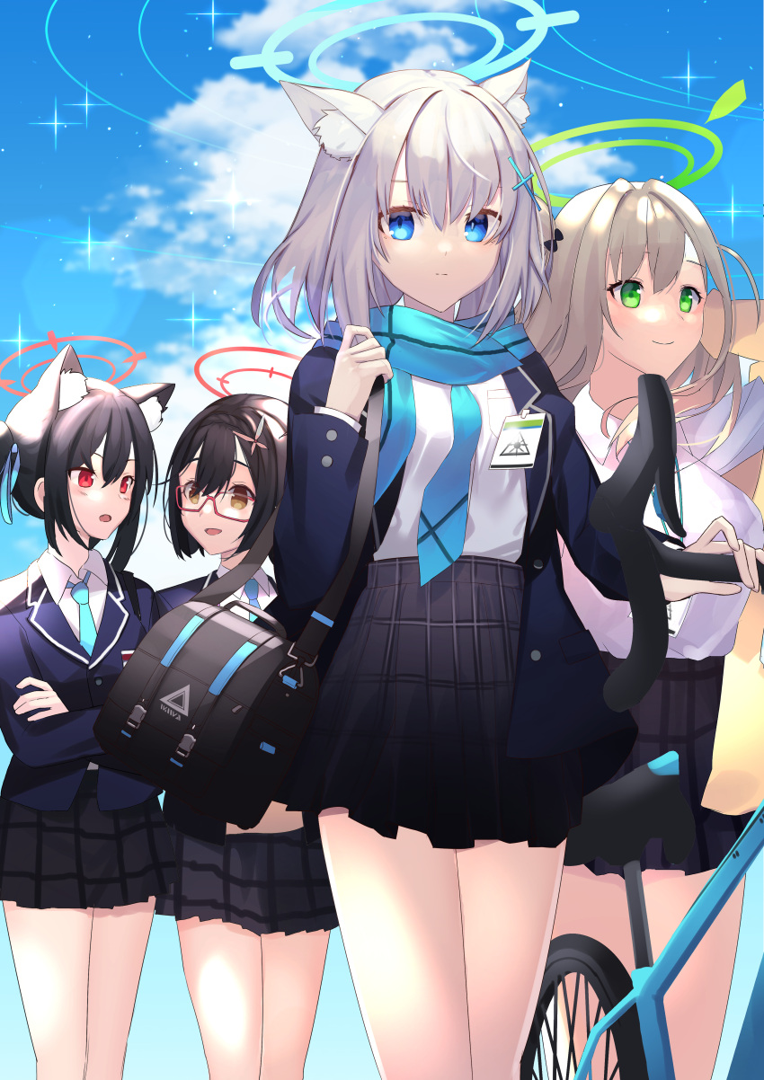 4girls :d :o absurdres animal_ears ayane_(blue_archive) bag bangs bicycle black_jacket black_skirt blonde_hair blue_archive blue_eyes blue_necktie blue_scarf blue_sky brown_eyes brown_hair cat_ears closed_mouth clouds cloudy_sky glasses green_eyes grey_hair ground_vehicle halo highres jacket long_hair looking_at_another looking_at_viewer mulleonghan_mun-eo multiple_girls necktie nonomi_(blue_archive) open_mouth outdoors polo_shirt red_eyes scarf school_uniform serika_(blue_archive) shiroko_(blue_archive) shirt short_hair shoulder_bag skirt sky smile twintails white_shirt