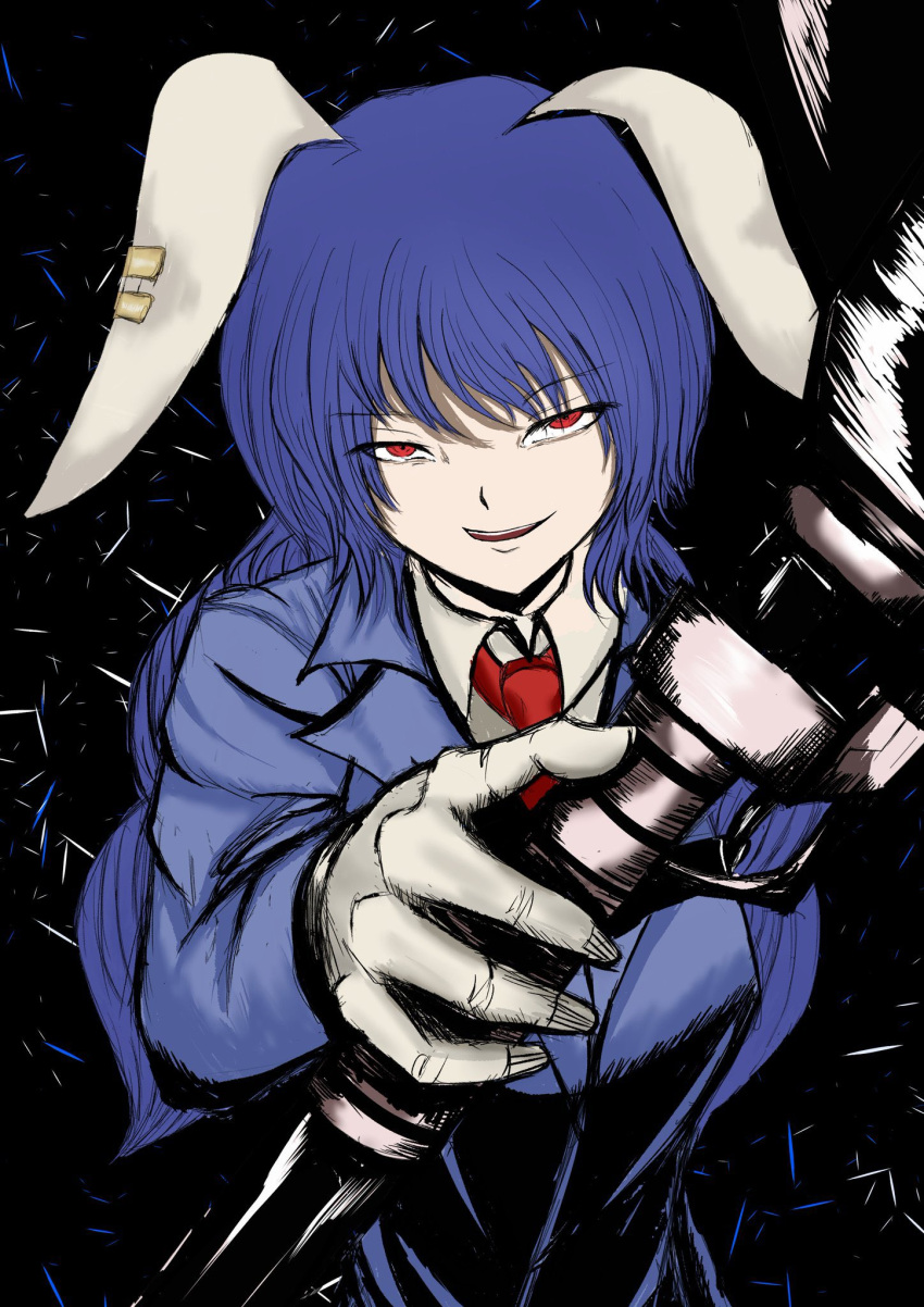 1girl animal_ears black_background blue_hair blue_suit collared_shirt earclip eyebrows_visible_through_hair floppy_ears formal gloves hair_between_eyes highres holding holding_weapon long_hair looking_at_viewer mallet rabbit_ears red_eyes seiran_(touhou) shirt simple_background smile solo suit suit_jacket touhou upper_body weapon weedhollow_(dokuran)