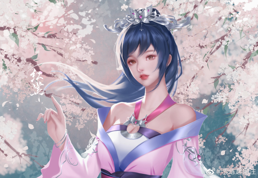 1girl blue_hair branch chi_lian_(qin_shi_ming_yue) chi_lian_qiju_zhu chinese_clothes dress hair_ornament highres index_finger_raised long_hair open_mouth pink_dress qin_shi_ming_yue shiny shiny_hair teeth upper_body