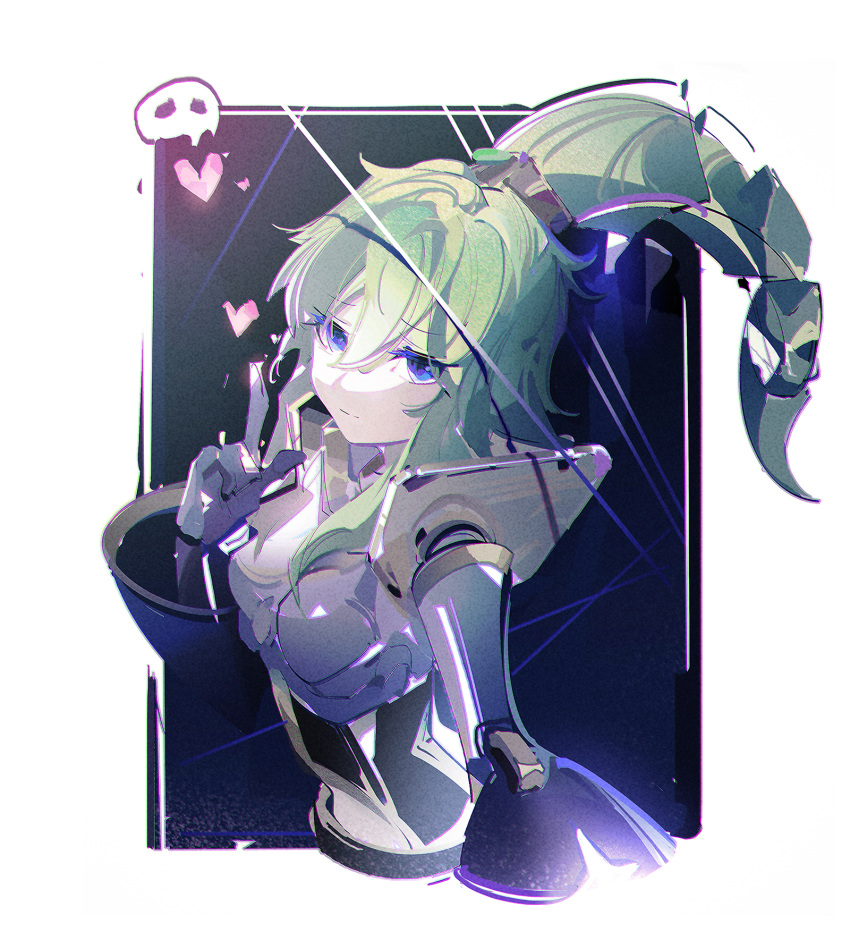 1girl belt border breasts doll_joints duel_monster el_shaddoll_winda green_hair hand_up heart highres index_finger_raised joints mechanical_arms medium_breasts ponytail smile solo upper_body violet_eyes white_border wide_sleeves ying_yi yu-gi-oh!