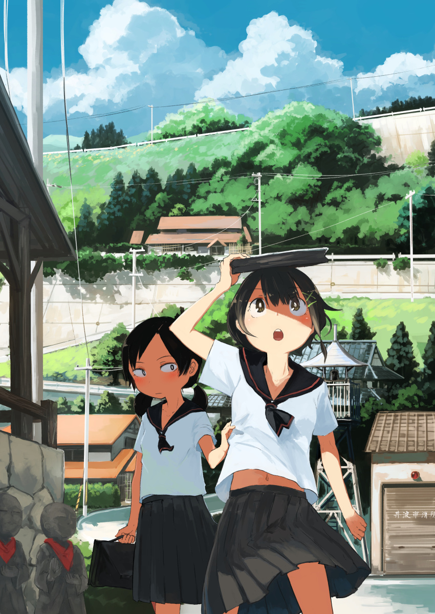 2girls :o absurdres architecture arm_up ascot bag bangs bell black_ascot black_bag black_hair black_sailor_collar blush bright_pupils brown_eyes closed_mouth clothes_grab clouds commentary covering_head day east_asian_architecture grey_skirt hair_ornament highres hill holding holding_bag house inami_hatoko jizou looking_at_another looking_up low_twintails midriff multiple_girls navel open_mouth original outdoors parted_bangs pleated_skirt power_lines road sailor_collar sanpaku scenery school_bag school_uniform serafuku shade shirt shirt_tug short_hair short_sleeves skirt sky street teeth tower town translation_request tree twintails upper_teeth utility_pole white_pupils white_shirt wind x_hair_ornament