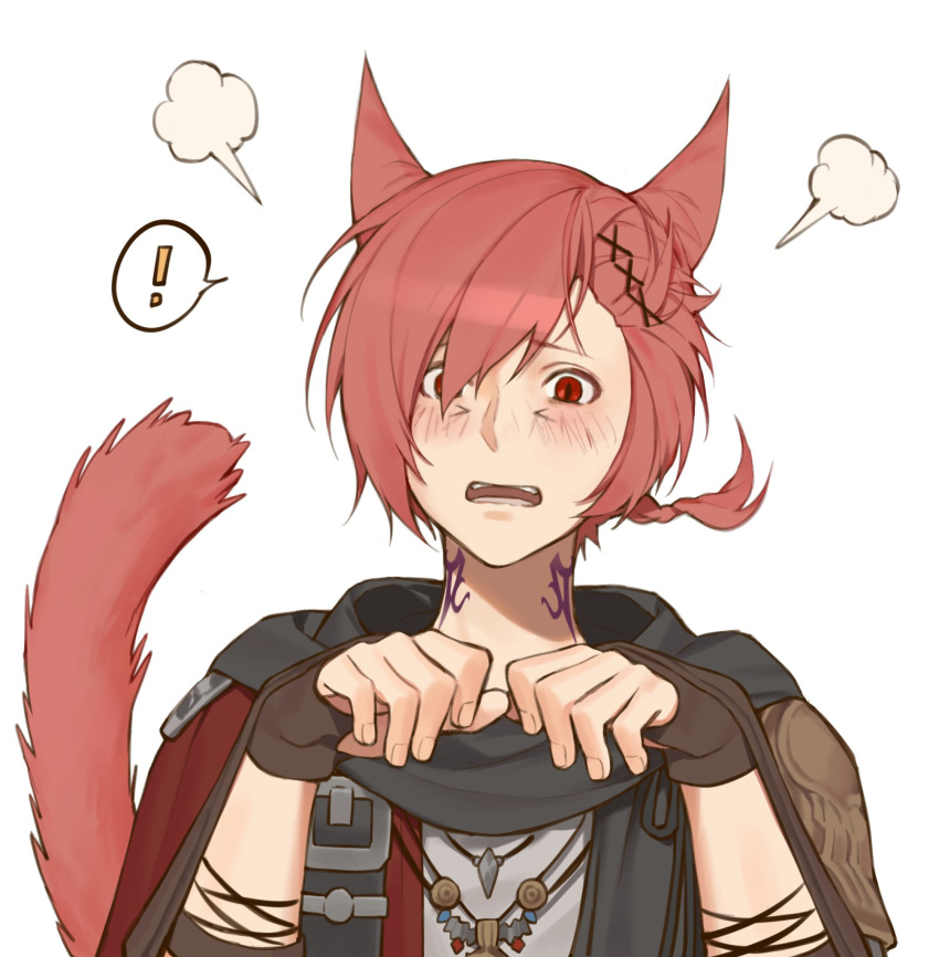 ! 1boy animal_ears bangs black_scarf blush braid brown_gloves cat_boy cat_ears cat_tail embarrassed facial_mark final_fantasy final_fantasy_xiv fingerless_gloves g'raha_tia gloves hair_ornament hands_up highres jewelry looking_at_viewer male_focus mbomb miqo'te neck_tattoo open_mouth pendant portrait red_eyes redhead scarf short_hair short_ponytail simple_background single_braid solo spoken_exclamation_mark swept_bangs tail tattoo white_background x_hair_ornament