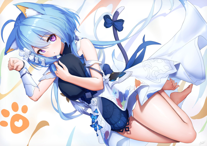 1girl ahoge animal_ears bangs barefoot blue_hair cat_ears cat_girl cat_tail dress full_body griseo hair_ornament highres honkai_(series) honkai_impact_3rd long_hair looking_at_viewer open_mouth paw_pose sleeveless sleeveless_dress tail thighs toes violet_eyes white_background white_dress xfate