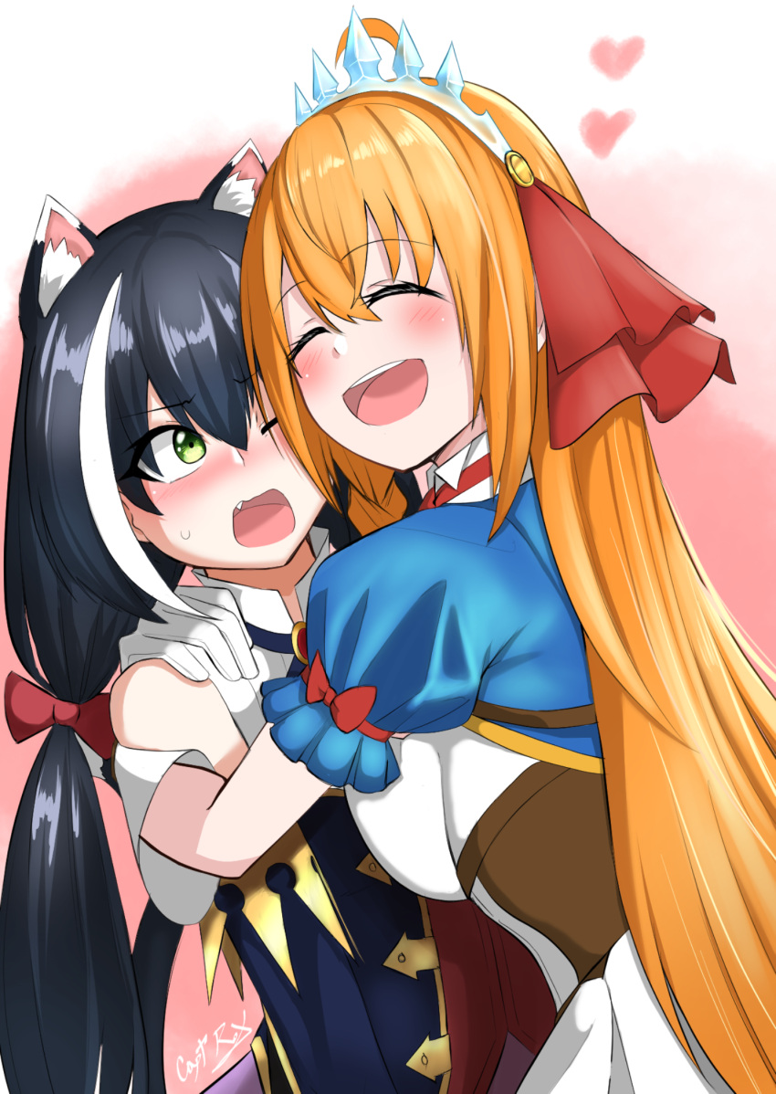 2girls blush breast_press breast_squeeze breasts captainrox cat_girl cuddling embarrassed flustered grabbing happy highres hug karyl_(princess_connect!) long_hair multiple_girls open_mouth pecorine_(princess_connect!) princess_connect! sweat