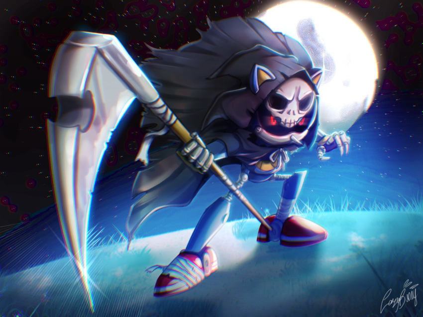 1boy artist_name bandaged_leg bandages claws coat coat_lift death_(entity) glowing glowing_eyes grass grim_reaper highres lazy8unny looking_at_viewer male_focus metal_sonic moon moonlight night night_sky pointy_nose pose red_eyes robot scythe signature sky sonic_(series) star_(sky) starry_sky weapon