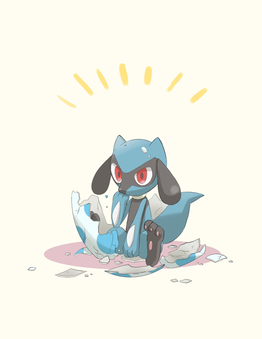 commentary_request cracked_egg eggshell hand_to_own_mouth hand_up highres moneko_(kvme3754) pokemon pokemon_(creature) red_eyes riolu sitting soles solo spread_legs toes