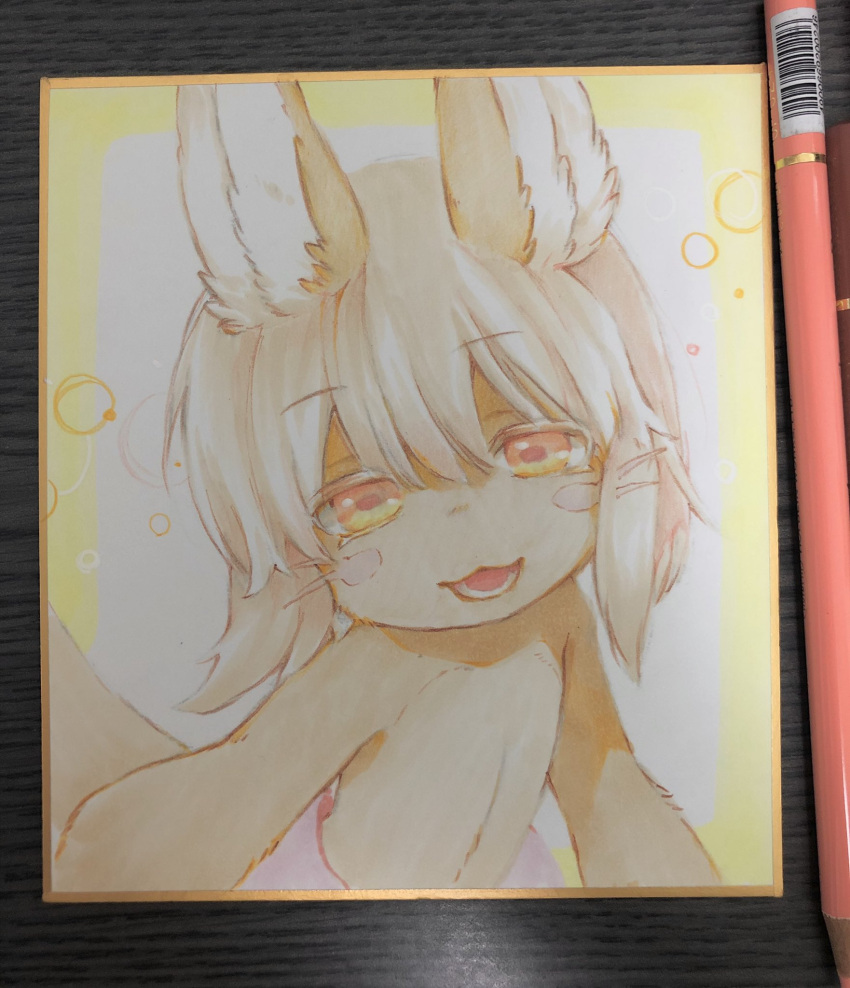 1other :3 animal_ears bob_cut border brown_fur commentary_request eyebrows_visible_through_hair eyes_visible_through_hair furry highres hitosoroi inverted_bob light_brown_hair looking_at_viewer made_in_abyss medium_hair nanachi_(made_in_abyss) open_mouth orange_eyes other_focus outside_border pants photo_(medium) pink_pants shikishi smile solo tail topless traditional_media upper_body whiskers white_background yellow_border
