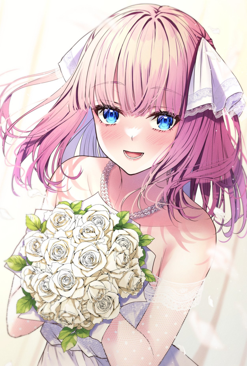 1girl :d backlighting bangs bare_shoulders blue_eyes blunt_bangs blush bouquet butterfly_hair_ornament collarbone dress go-toubun_no_hanayome hair_ornament happy highres holding holding_bouquet jewelry lace looking_at_viewer nakano_nino necklace pearl_necklace petals pink_hair primamiya raised_eyebrows ribbon simple_background smile sunlight twintails wedding_dress white_dress white_ribbon