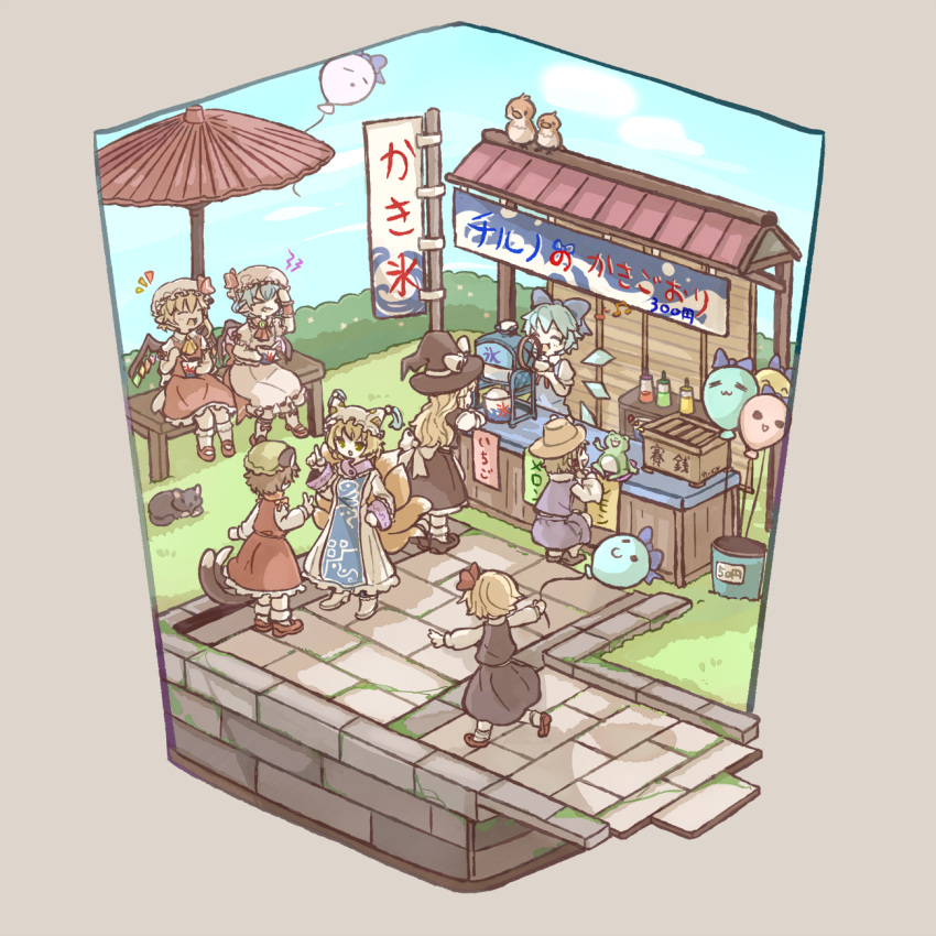 &gt;_&lt; 6+girls :d :o animal_ears ascot balloon banner bar bat_wings beamed_eighth_notes bench bird black_footwear black_headwear black_skirt black_vest blonde_hair blue_bow blue_hair blue_tabard blue_vest blush bow box brooch bucket cat cat_ears cat_tail chen chigu cirno closed_eyes clouds collared_shirt commentary crystal day donation_box dress eighth_note flandre_scarlet food food_coloring food_stand fox_tail frilled_dress frilled_shirt_collar frills frog grass green_headwear hair_bow hair_ribbon hand_on_own_head hat hat_ribbon hedge highres holding holding_balloon holding_food holding_spoon ice ice_wings isometric jewelry kirisame_marisa long_hair long_sleeves looking_at_another mary_janes mob_cap moriya_suwako multiple_girls multiple_tails music musical_note neck_ribbon notice_lines on_bench open_mouth outstretched_arms parasol pavement pillow_hat pointy_ears puffy_short_sleeves puffy_sleeves purple_skirt purple_vest red_ascot red_dress red_footwear red_ribbon red_skirt red_vest remilia_scarlet ribbon rooftop rumia shaved_ice shirt shoes short_hair short_sleeves singing sitting skirt skirt_set sky smile socks spoon squiggle tabard tail touhou translated two_tails umbrella v vest waist_bow white_bow white_dress white_footwear white_headwear white_legwear white_shirt white_skirt wide_sleeves wings witch_hat wrist_cuffs yakumo_ran yellow_ascot yellow_eyes yellow_headwear
