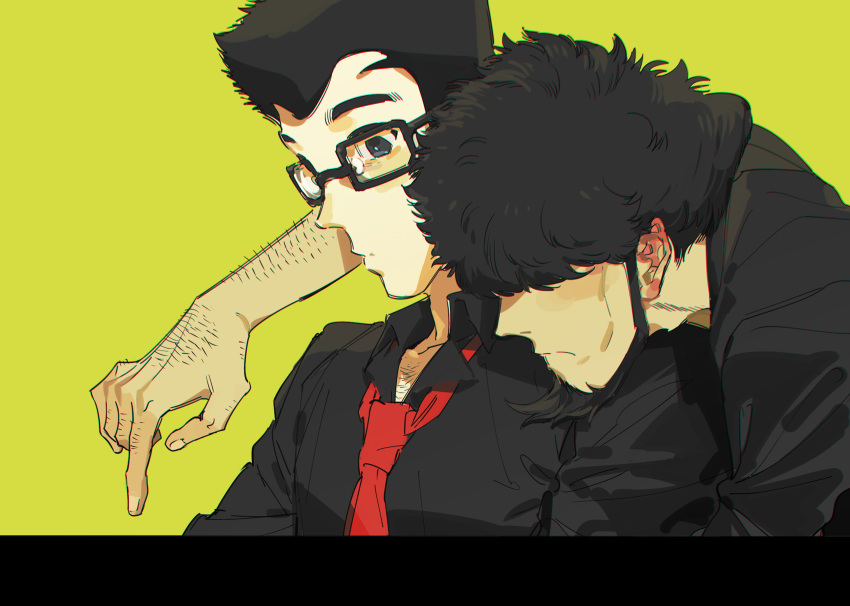 2boys arm_hair arsene_lupin_iii bacchus_lpiii beard black_hair black_shirt blue_eyes chest_hair facial_hair glasses hair_over_eyes highres hug hug_from_behind jigen_daisuke lupin_iii lying male_focus multiple_boys necktie on_back red_necktie shirt yellow_background