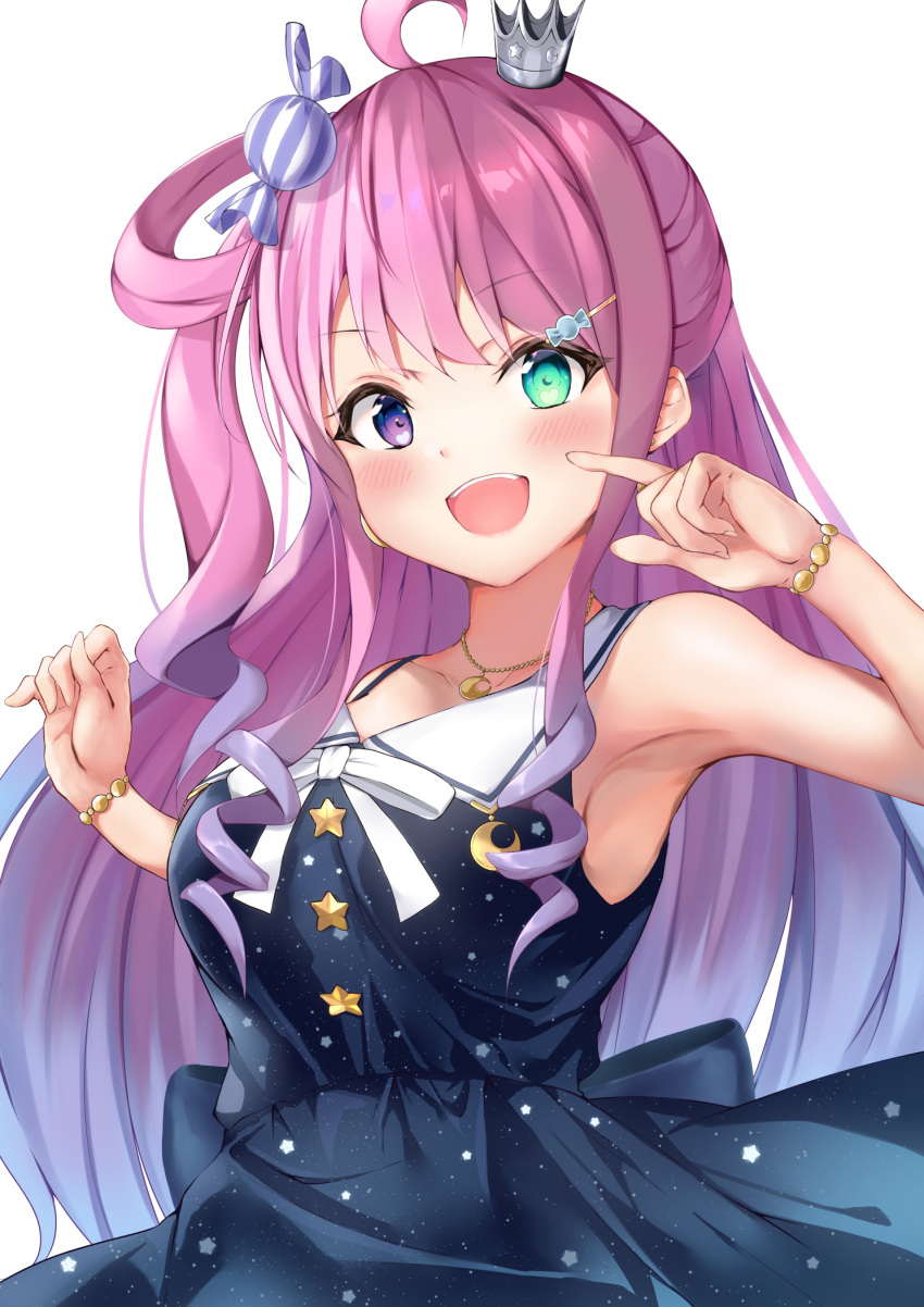 1girl :d armlet armpits blush breasts candy_hair_ornament crown eyebrows_visible_through_hair food-themed_hair_ornament green_eyes hair_ornament heterochromia highres himemori_luna hololive jewelry large_breasts long_hair looking_at_viewer multicolored_eyes necklace neko_usagi_(nekousagi_jpn) open_mouth pink_hair smile tagme violet_eyes virtual_youtuber