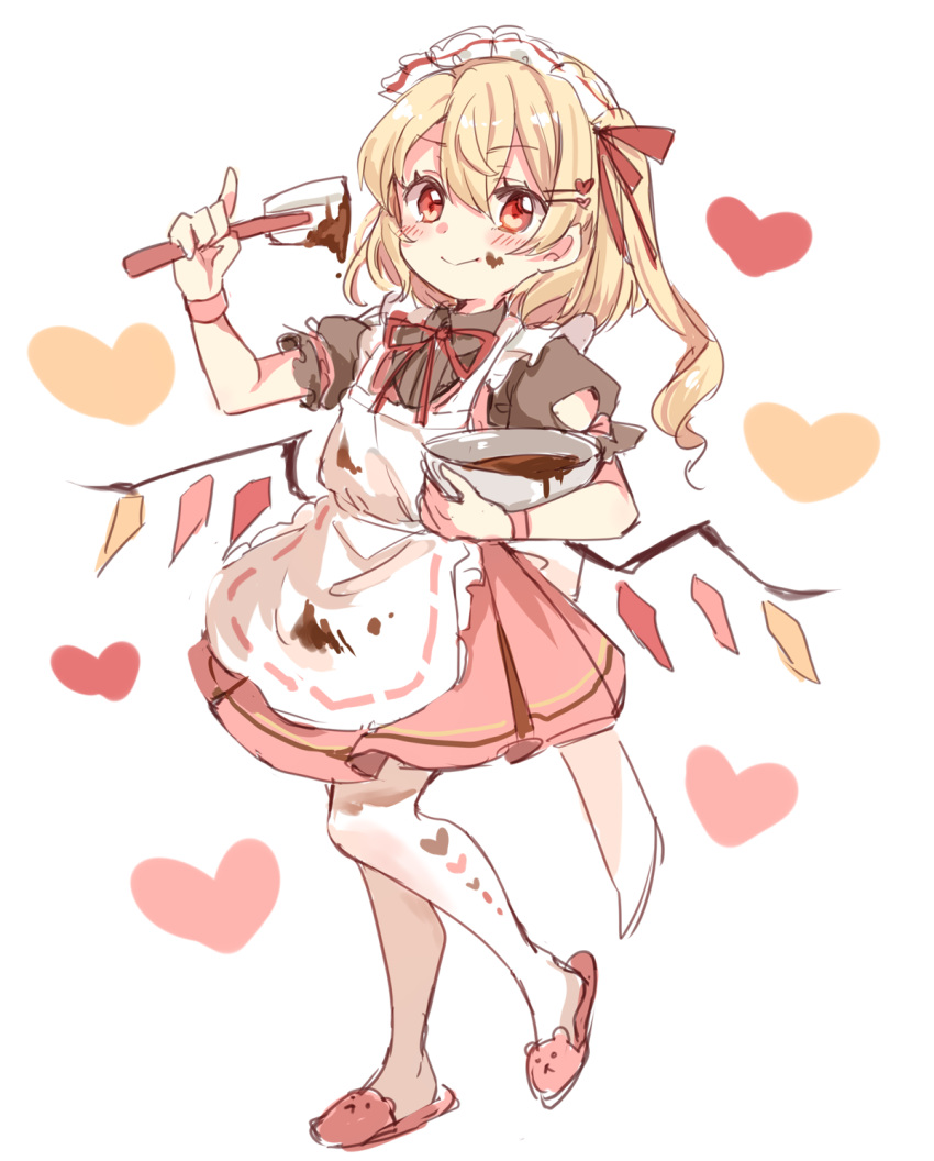 1girl alternate_costume apron bangs black_shirt blonde_hair blush chocolate closed_mouth collared_shirt crystal dress enmaided eyebrows_visible_through_hair flandre_scarlet frilled_sleeves frills full_body hair_between_eyes heart highres holding looking_at_viewer maid maid_apron maid_headdress medium_hair mixing_bowl neck_ribbon one_side_up paragasu_(parags112) puffy_short_sleeves puffy_sleeves red_dress red_eyes red_footwear red_ribbon ribbon shirt short_sleeves simple_background slippers smile solo standing standing_on_one_leg touhou white_apron white_background wings
