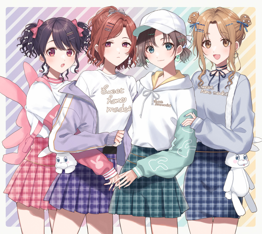 4girls asakura_toru bangs blush cowboy_shot diagonal_stripes double_bun fukumaru_koito gradient gradient_background high-waist_skirt highres higuchi_madoka ichikawa_hinana idol idolmaster idolmaster_shiny_colors jacket jacket_partially_removed multiple_girls nail_polish noctchill_(idolmaster) parted_bangs plaid plaid_skirt pleated_skirt pomupomuponn short_twintails skirt smile striped stuffed_animal stuffed_bunny stuffed_toy twintails wavy_hair