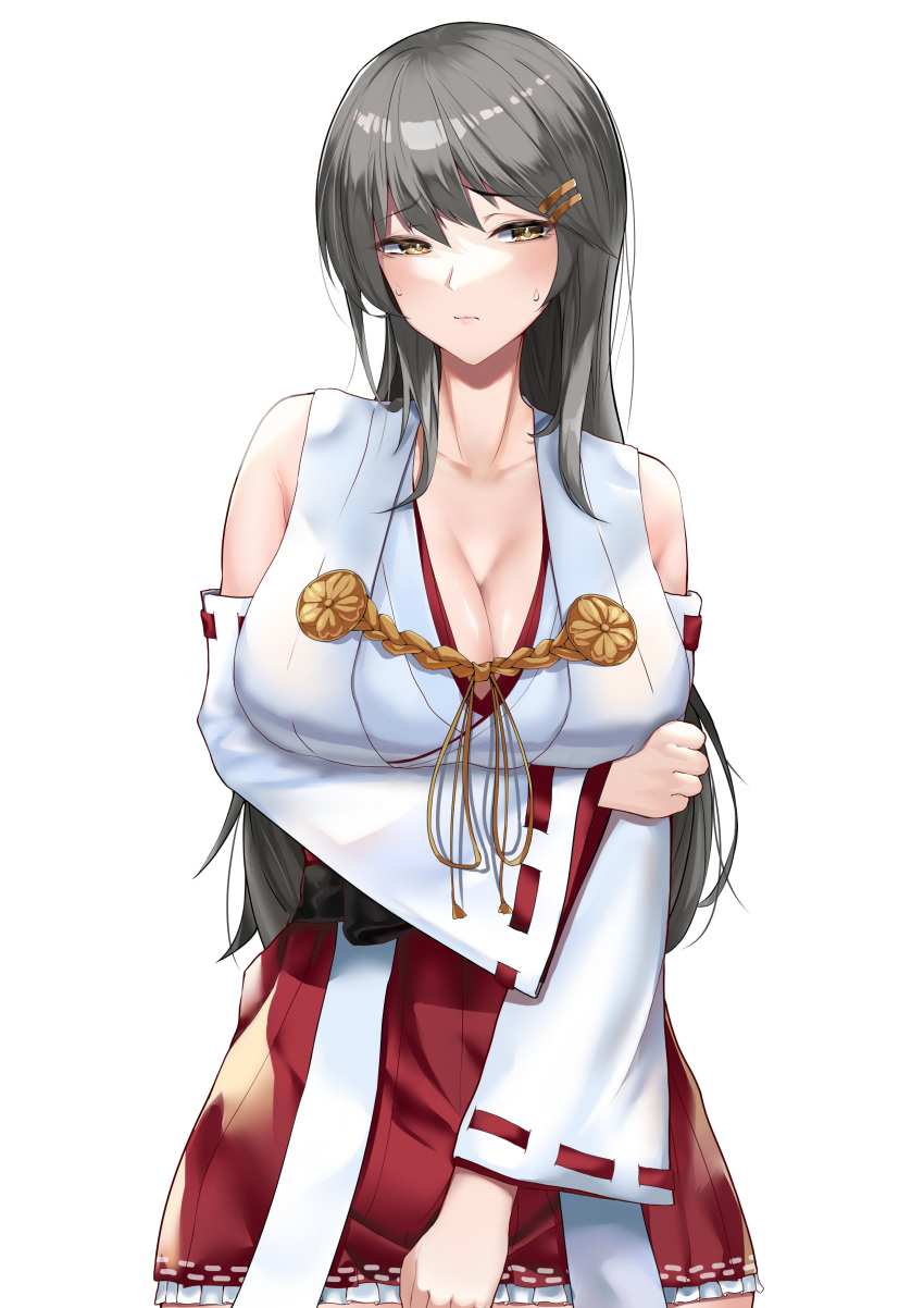 1girl absurdres breasts collarbone detached_sleeves frilled_skirt frills grey_hair hair_ornament hairband hairclip haruna_(kancolle) highres japanese_clothes kantai_collection large_breasts long_hair nontraditional_miko red_skirt ribbon-trimmed_sleeves ribbon_trim sing152 skirt solo