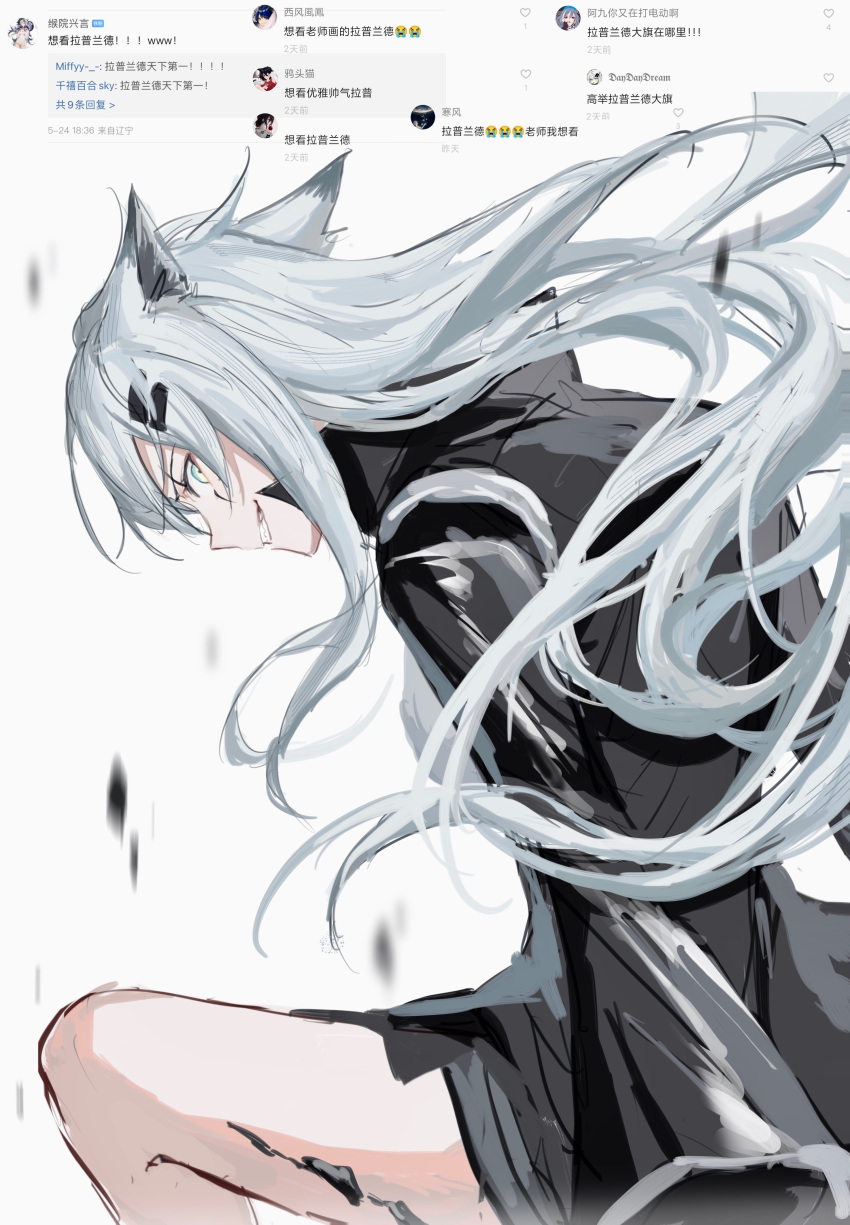 1girl absurdres animal_ears arknights bangs black_jacket commentary_request from_side grey_background grey_eyes grin highres jacket lappland_(arknights) long_hair long_sleeves looking_at_viewer oripathy_lesion_(arknights) profile smile solo translation_request white_hair wolf_ears zuo_daoxing